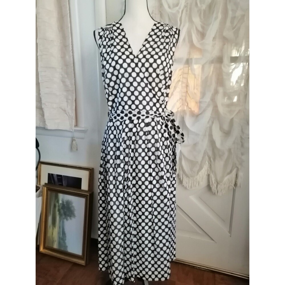 Women SZ 10 Wrap Dress Lined Sleeveless Midi black white polka dots Cotton